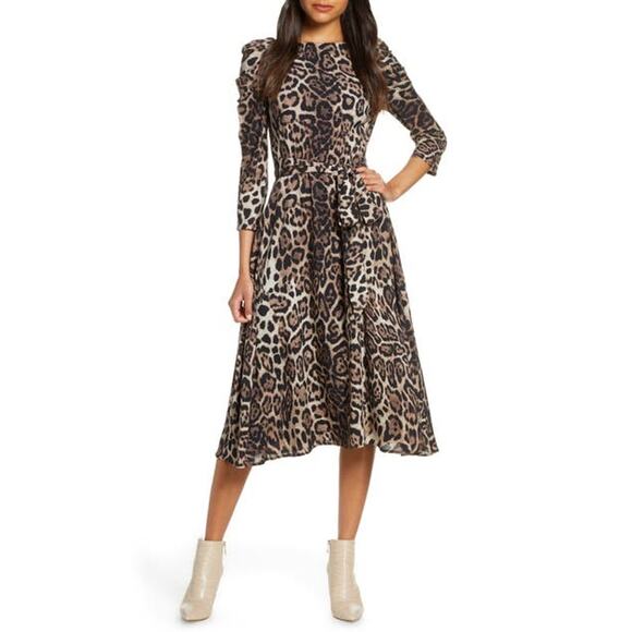 Eliza J 4P Petite Leopard Print Long Sleeve Midi Dress in Animal Brown Black - Picture 12 of 12